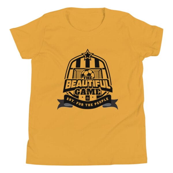 Youth staple t-shirt in mustard with black The Beautiful Game crest, est. for the people