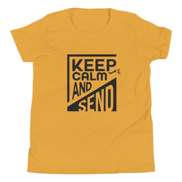 Mustard staple tee with black text 'Keep calm and send' and a small biker silhouette doing a superman