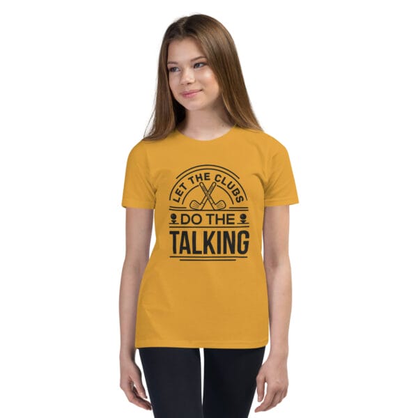 Girl wearing a mustard staple t-shirt with black text 'Let the clubs do the talking'