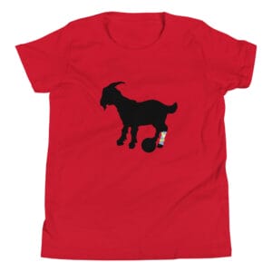 Youth staple t-shirt in red with black goat silhouette with Lionel Messi's famous leg tattoo in light blue and yellow