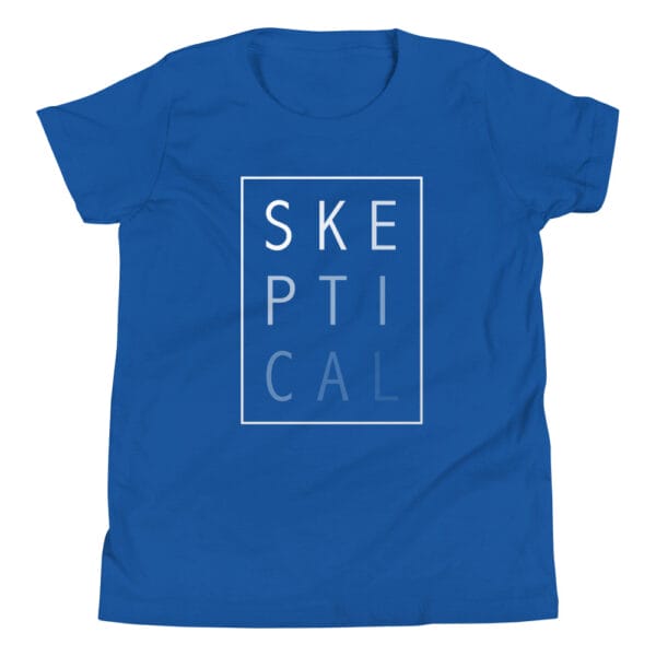 Youth staple t-shirt in true royal blue with white text 'SKEPTICAL' fading out inside a box