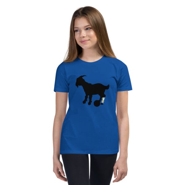 Girl wearing a true royal staple t-shirt with black goat silhouette with Lionel Messi's famous leg tattoo in light blue and yellow