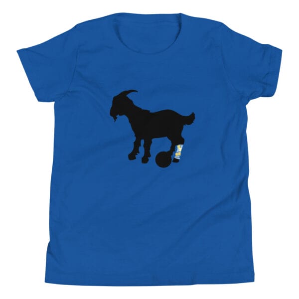 Youth staple t-shirt in true royal with black goat silhouette with back left leg showing Lionel Messi's famous leg tattoo in light blue and yellow