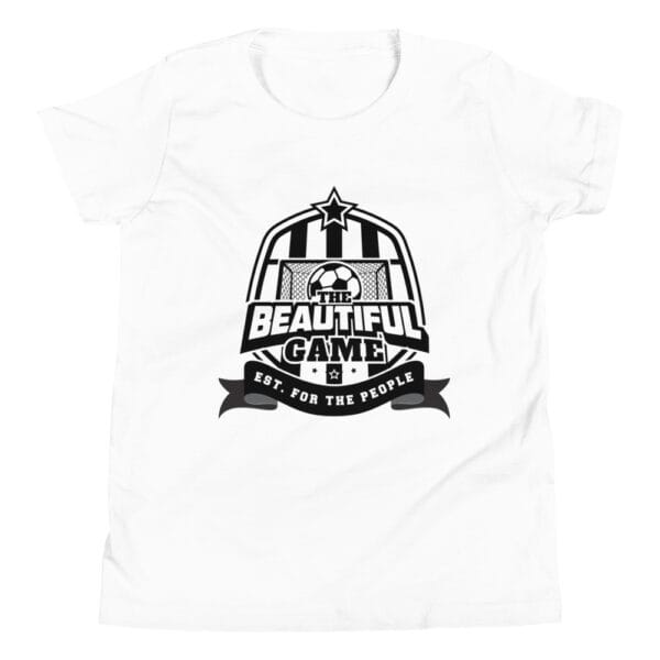 White staple t-shirt with a black The Beautiful Game crest, est. for the people