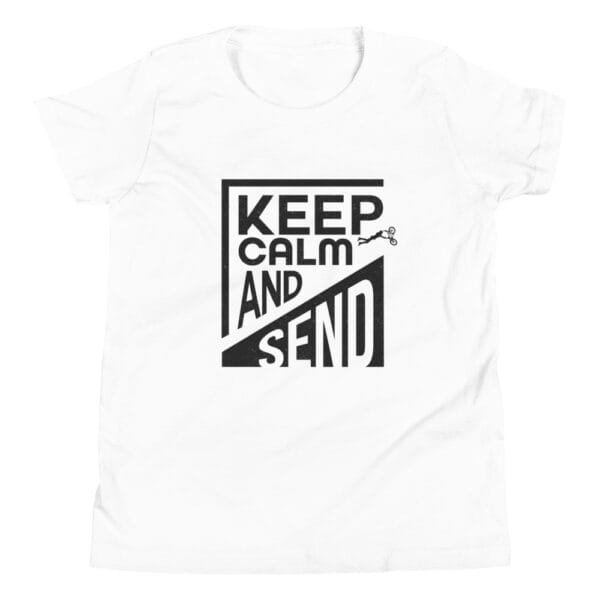 Youth staple tee in white with black text 'Keep calm and send' and a small biker silhouette doing a superman