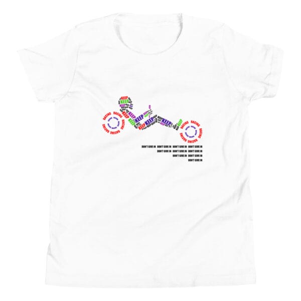 Youth staple tee in white with text 'Keep racing' creating a racing driver and wheels