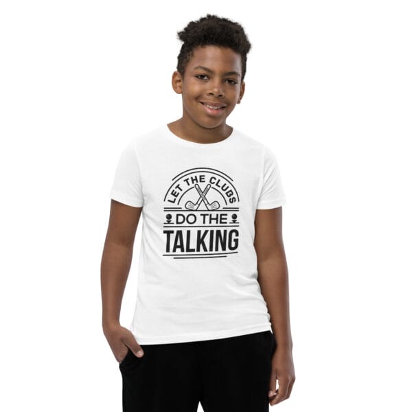 Boy wearing a white youth staple t-shirt with black text 'Let the clubs do the talking'