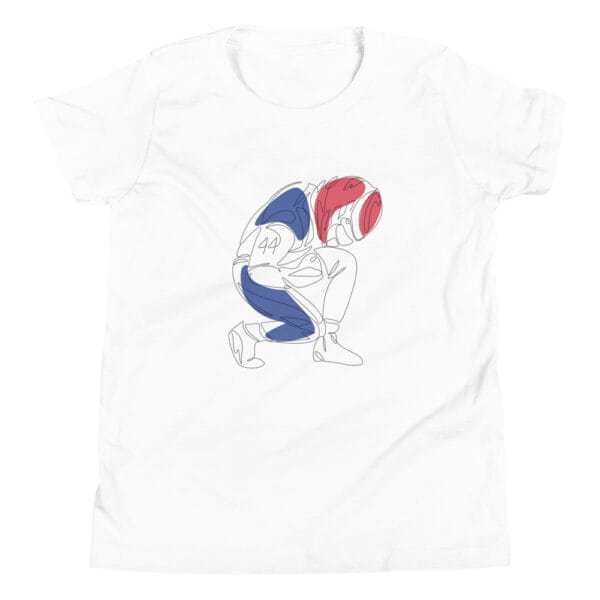 Youth staple t-shirt in white with line drawing of Lewis Hamilton in race suit celebrating