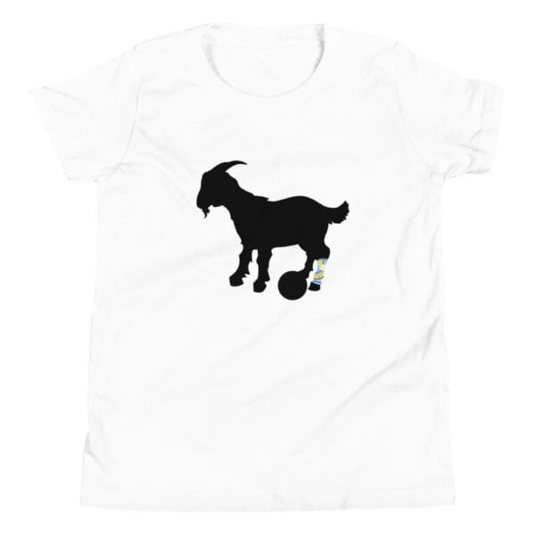 Youth staple t-shirt in white with black silhouette of a goat with back left leg showing Lionel Messi's famous leg tattoo in light blue and yellow