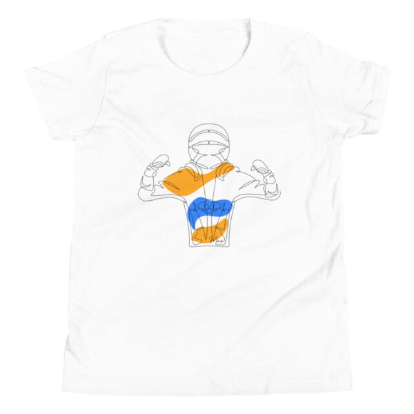 Youth staple t-shirt in white with line drawing of Max Verstappen in race suit and helmet flexing his arms