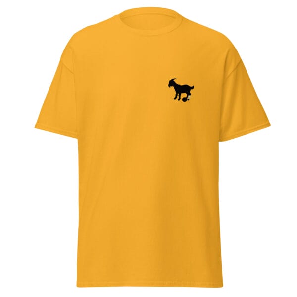 Gold men's classic tee small black goat silhouette with Lionel Messi left leg tattoo in blue, yellow and white