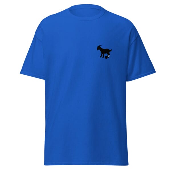 Royal blue men's classic tee small black goat silhouette with Lionel Messi left leg tattoo in blue, yellow and white