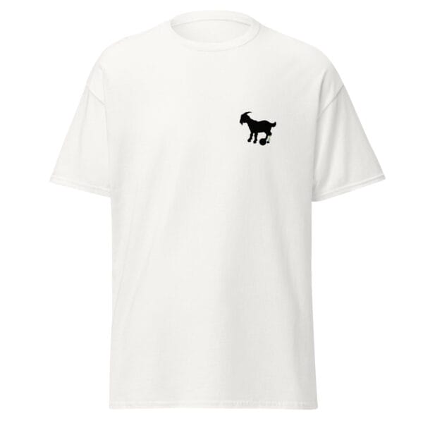 White men's classic tee small black goat silhouette with Lionel Messi left leg tattoo in blue, yellow and white