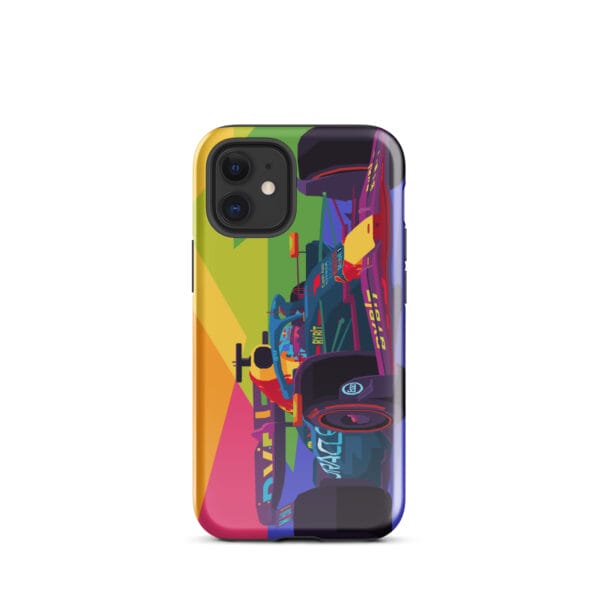 Glossy tough case for iPhone 12 mini with Max Verstappen driving the RB19 in pop art style