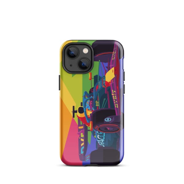 Glossy tough case for iPhone 13 mini with Max Verstappen driving the RB19 in pop art style