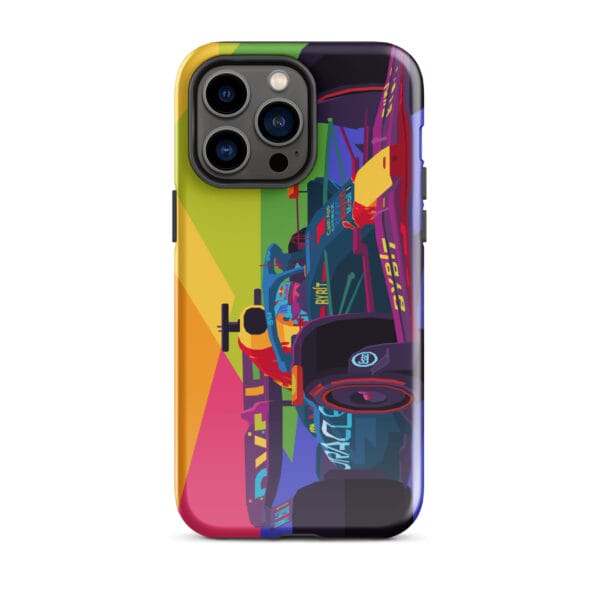 Glossy tough case for iPhone 14 Pro Max with Max Verstappen driving the RB19 in pop art style