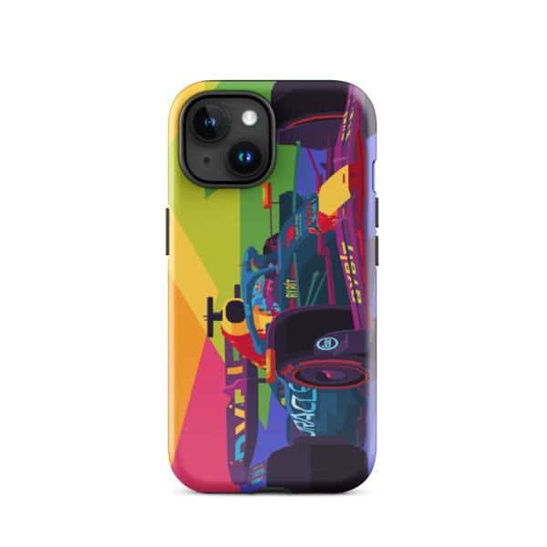 Glossy tough case for iPhone 15 with Max Verstappen driving the RB19 in pop art style