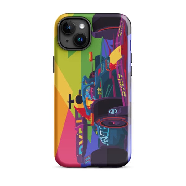 Glossy tough case for iPhone 15 Plus with Max Verstappen driving the RB19 in pop art style