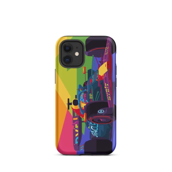 Matte tough case for iPhone 12 mini with Max Verstappen driving the RB19 in pop art style