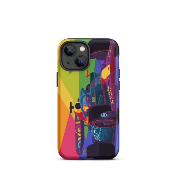 Matte tough case for iPhone 13 mini with Max Verstappen driving the RB19 in pop art style