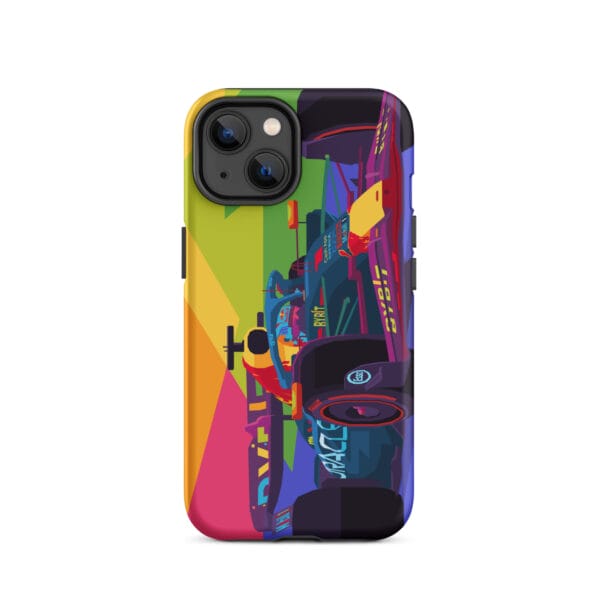 Matte tough case for iPhone 14 with Max Verstappen driving the RB19 in pop art style