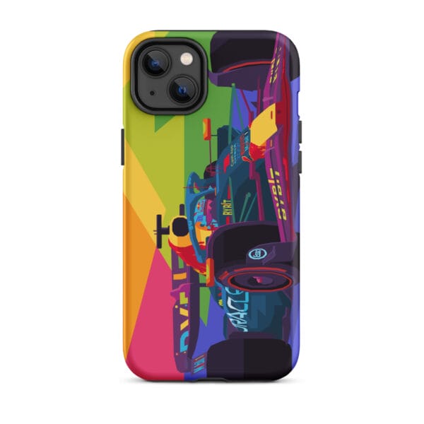 Matte tough case for iPhone 14 Plus with Max Verstappen driving the RB19 in pop art style