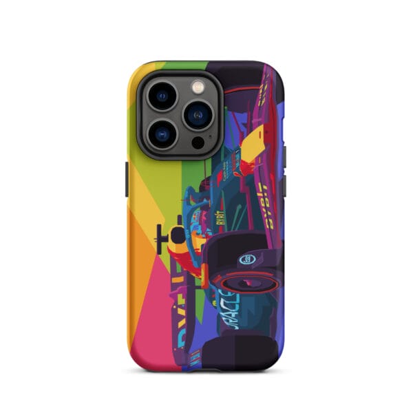 Matte tough case for iPhone 14 Pro with Max Verstappen driving the RB19 in pop art style