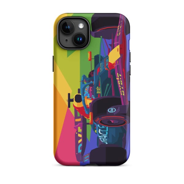 Matte tough case for iPhone 15 Plus with Max Verstappen driving the RB19 in pop art style