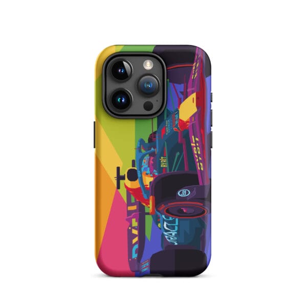 Matte tough case for iPhone 15 Pro with Max Verstappen driving the RB19 in pop art style