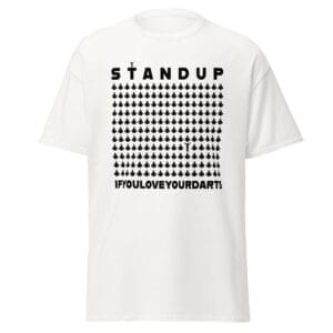 Men's classic tee in white with text 'Stand up if your love your darts' with one icon from many standing