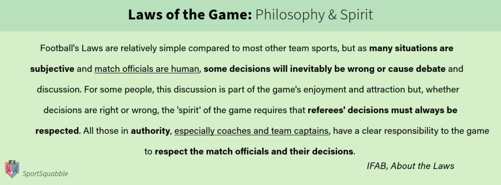 Text extract from IFAB's Laws of the Game, Philosophy and Spirit, highlight subjectivity