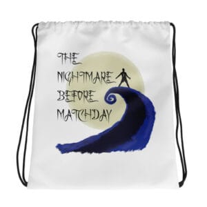 Cristiano Ronaldo drawstring bag, white, with text 'The Nightmare before Matchday' and silhouette of famous celebration