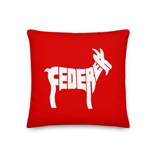 Red 18 by 18 inches premium pillow with a white silhouette of a goat created by the word Federer