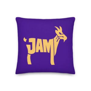 18 by 18 purple premium pillow with yellow text of James forming a goat