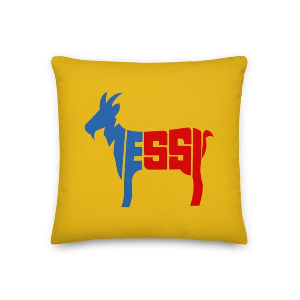 yellow premium pillow case, 18 by 18 inches with text 'Messi' in blue and red making a goat