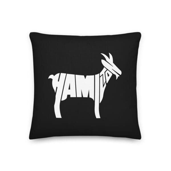 18 by 18 inches black Lewis Hamilton premium pillow showing white text 'Hamilton' making a goat silhouette