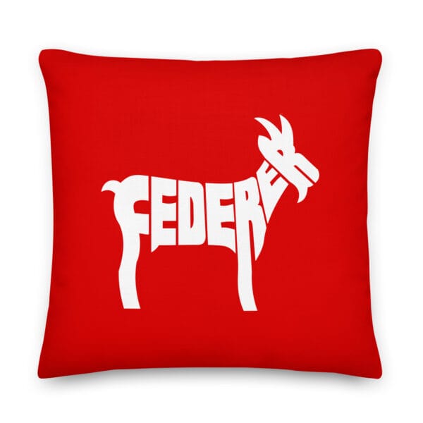 Roger Federer premium pillow, 22 by 22 inches, red with white silhouette of a goat using Federer