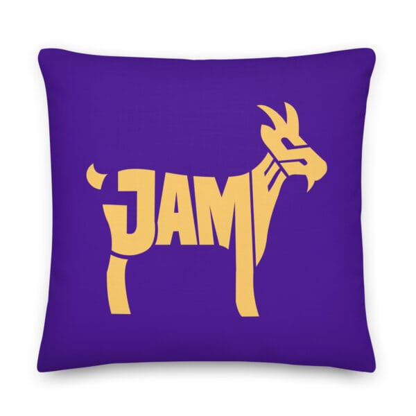 LeBron James premium pillow 22 by 22 inches, purple with yellow goat made from letters from James