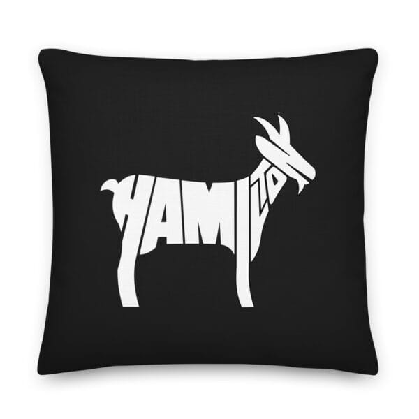 22 by 22 inches black Lewis Hamilton premium pillow showing white text 'Hamilton' making a goat silhouette