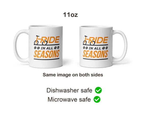 11oz white glossy mugs, showing seasonal icons and text 'I ride in all seasons'