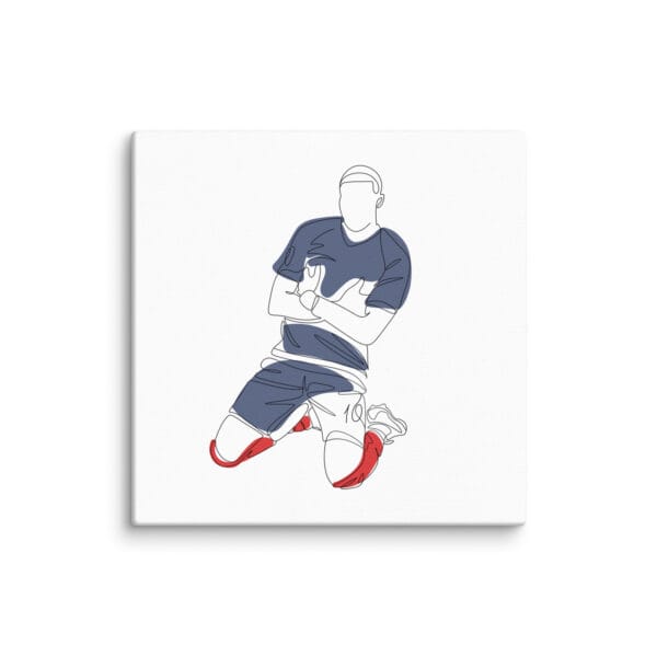 Kylian Mbappe celebration canvas, white 12 by 12 inches of single line drawing showing Mbappe sliding on his knees arms