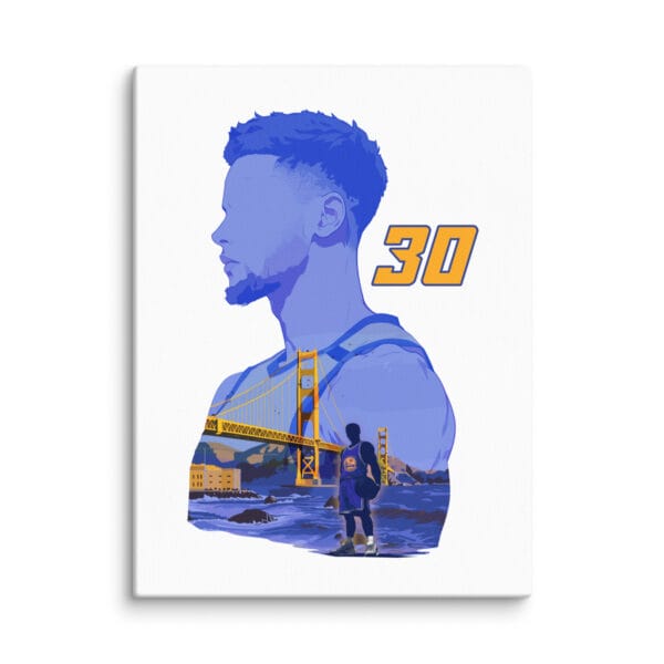 white 16 by 20 canvas with Stephen Curry outline side on, with Golden Gate bridge and Curry silhouette inside