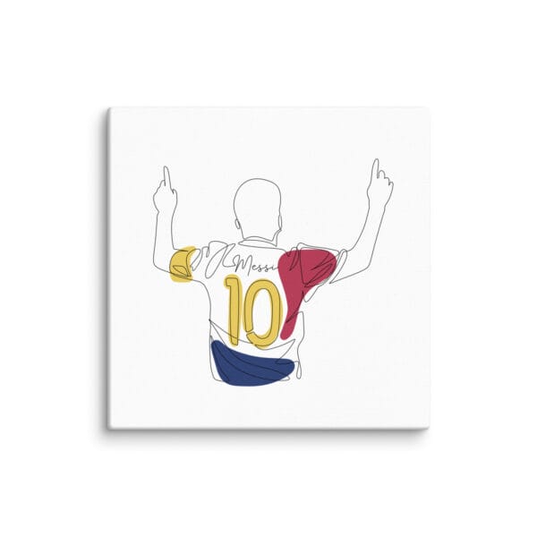 Lionel Messi celebration canvas, white 16 by 16 inches, with line drawing and Barcelona colours of Messi pointing to the sky