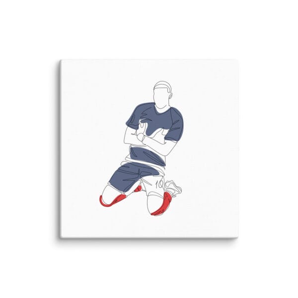 Kylian Mbappe celebration canvas, white 16 by 16 inches of single line drawing showing Mbappe sliding on his knees arms folded