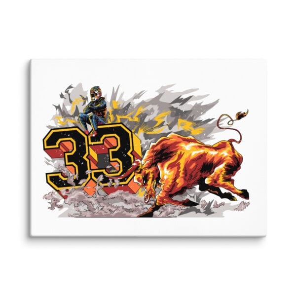 white, 18 by 24 inches landscape canvas, with Max Verstappen sitting on the number 33 being pushed by a bull