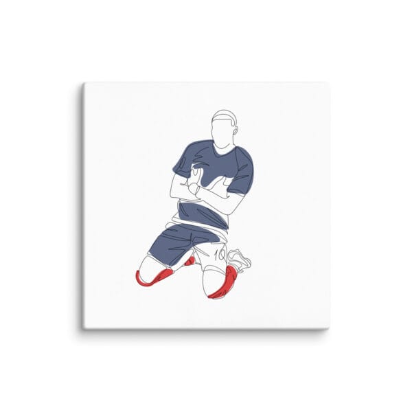 Kylian Mbappe celebration canvas, white 24 by 24 inches of single line drawing showing Mbappe sliding on his knees arms folded