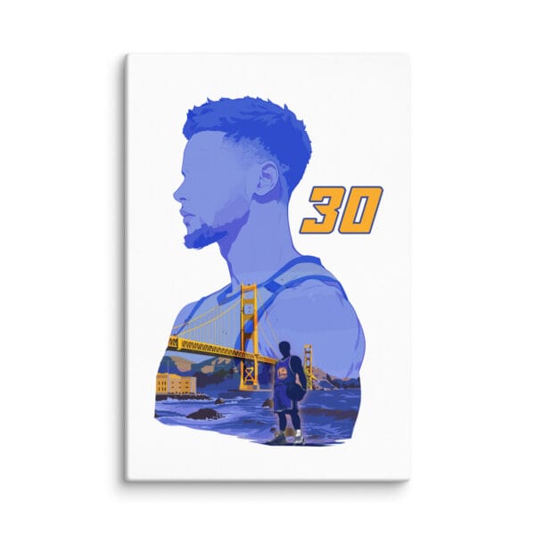 Steph Curry anime canvas, white 24 by 36 inches, with Curry silhouette and Golden Gate bridge inside body