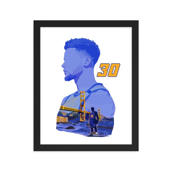 Steph Curry framed poster with black frame, 11 by 14 inches, of Curry silhouette filled in with Golden Gate Bridge and Steph Curry