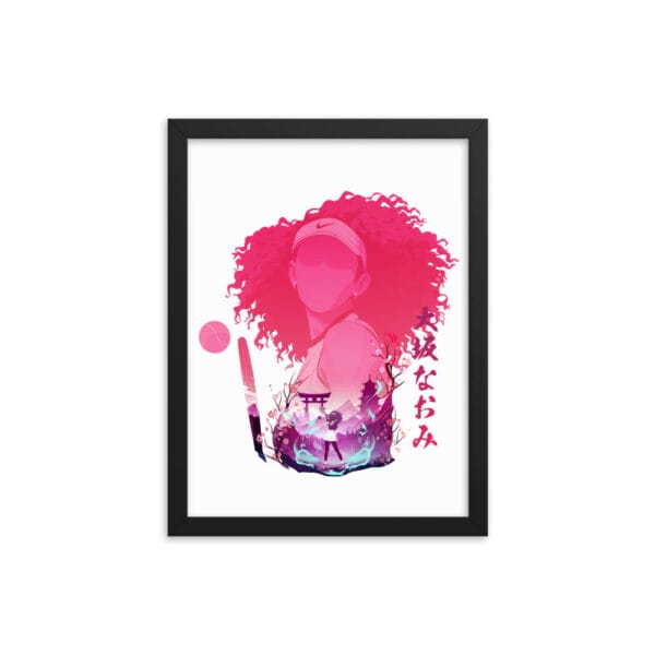 Naomi Osaka framed poster, 12 by 16 inches showing beautiful anime style graphic, black frame