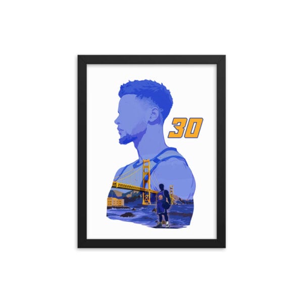 Steph Curry framed poster with black frame, 12 by 16 inches, of Curry silhouette filled in with Golden Gate Bridge and Steph Curry